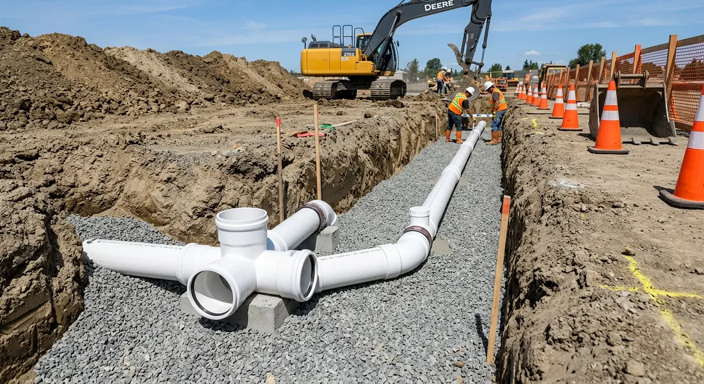 New PVC sewer pipe installation in open trench for Grease Trap Cleaning in Headland