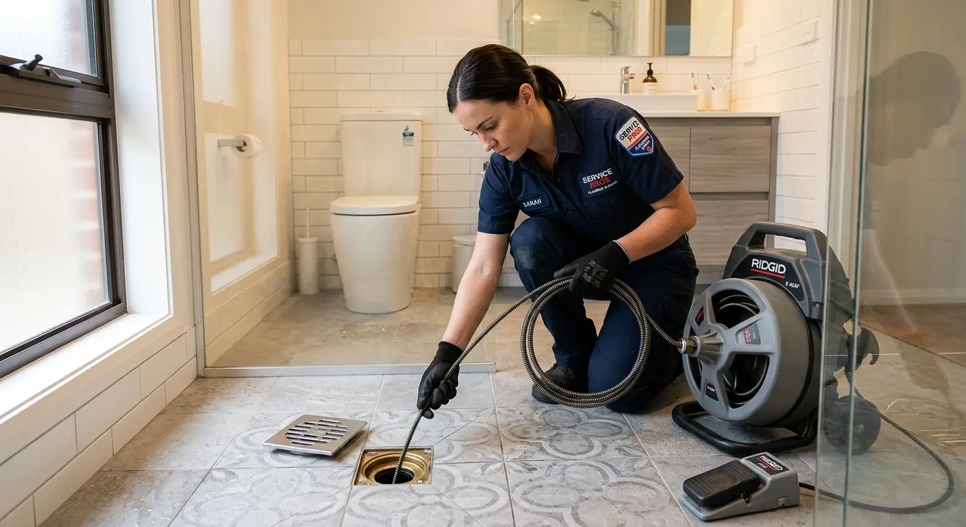 Technician clearing a bathroom floor drain for Hydro Jetting in Headland